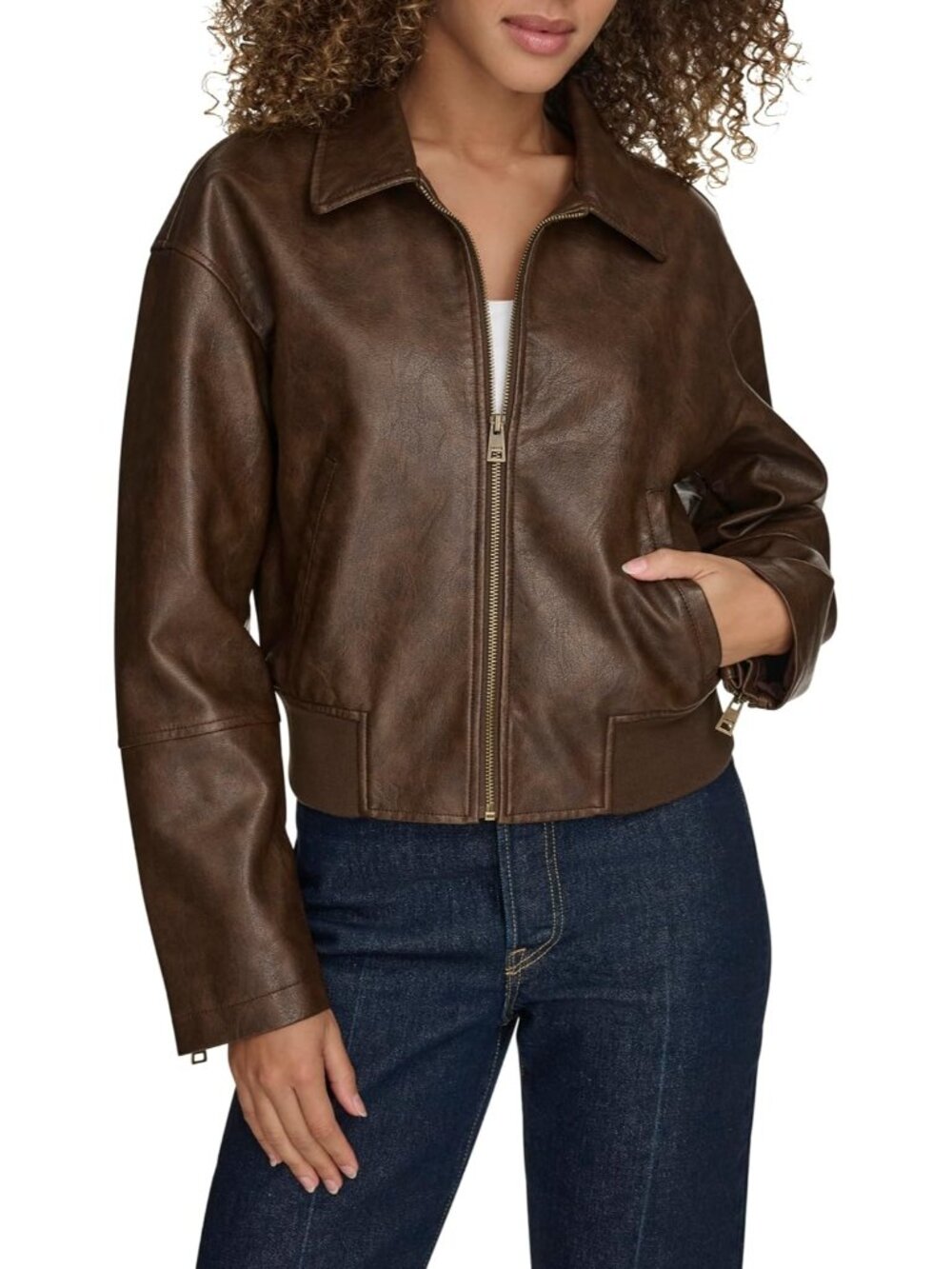 Women's Saddle Faux Leather Laydown Collar Two Hidden-Zipper Bomber Jackets
